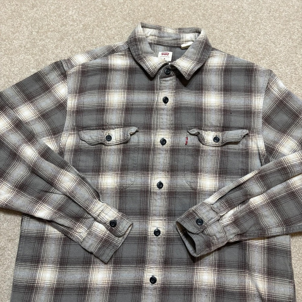 Levi's Shirt Mens Medium Gray Shadow Plaid Flannel Button Up Long Sleeve Relaxed